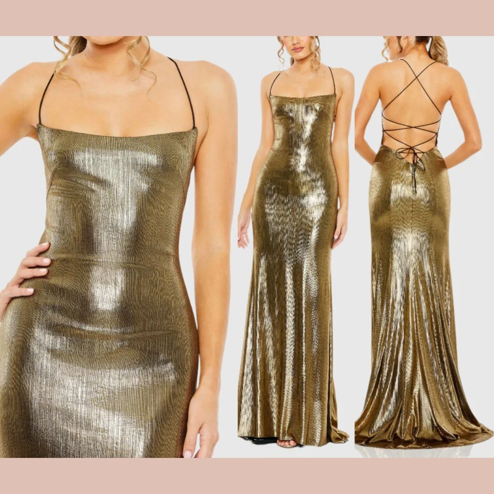 NWT MAC DUGGAL [ 4 ] 27061 Metallic‎ Corset Back Column Gown Antique Gold Q1157